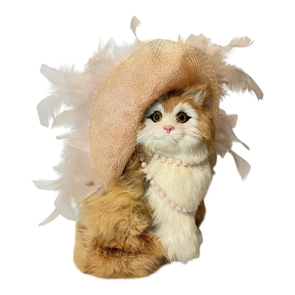 Vintage Genuine Rabbit Fur Fancy Cat Figure with Feather Hat & Pearl Necklace 8